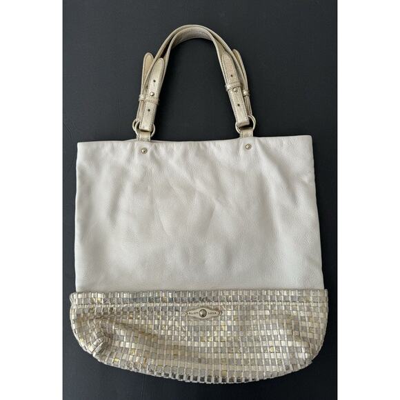 Elliott Lucca Cartagena Tote Shoulder Bag Ivory Leather Woven Metallic Gold Big - Picture 1 of 14